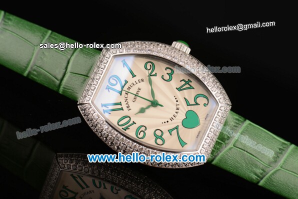 Franck Muller Heart Swiss Quartz Steel Case with Green Leather Strap Diamond Bezel and White Dial - ETA Coating - Click Image to Close